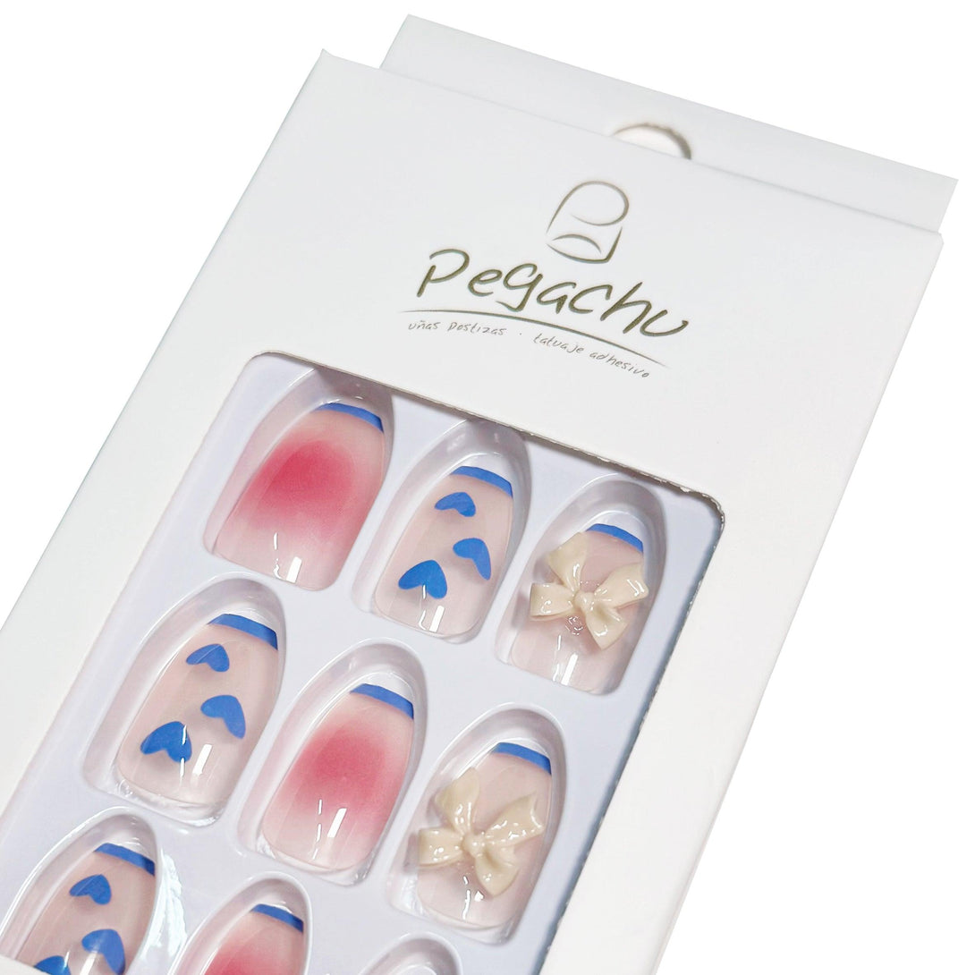 Pegachu uñas postizas 2024 verano modernas colores Uñas Postizas rosas azules transparentes degradadas Con Corazón, Lazo