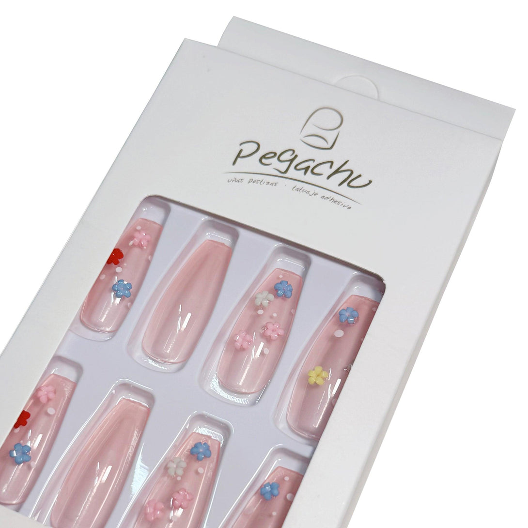 Pegachu uñas postizas 2024 verano modernas colores largas rosas nudes transparentea con flores de colores