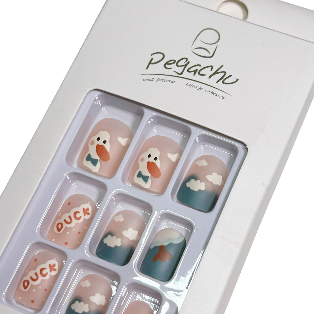 Pegachu uñas postizas 2024 verano modernas colores uñas postizas blancas azules transparentes con patito