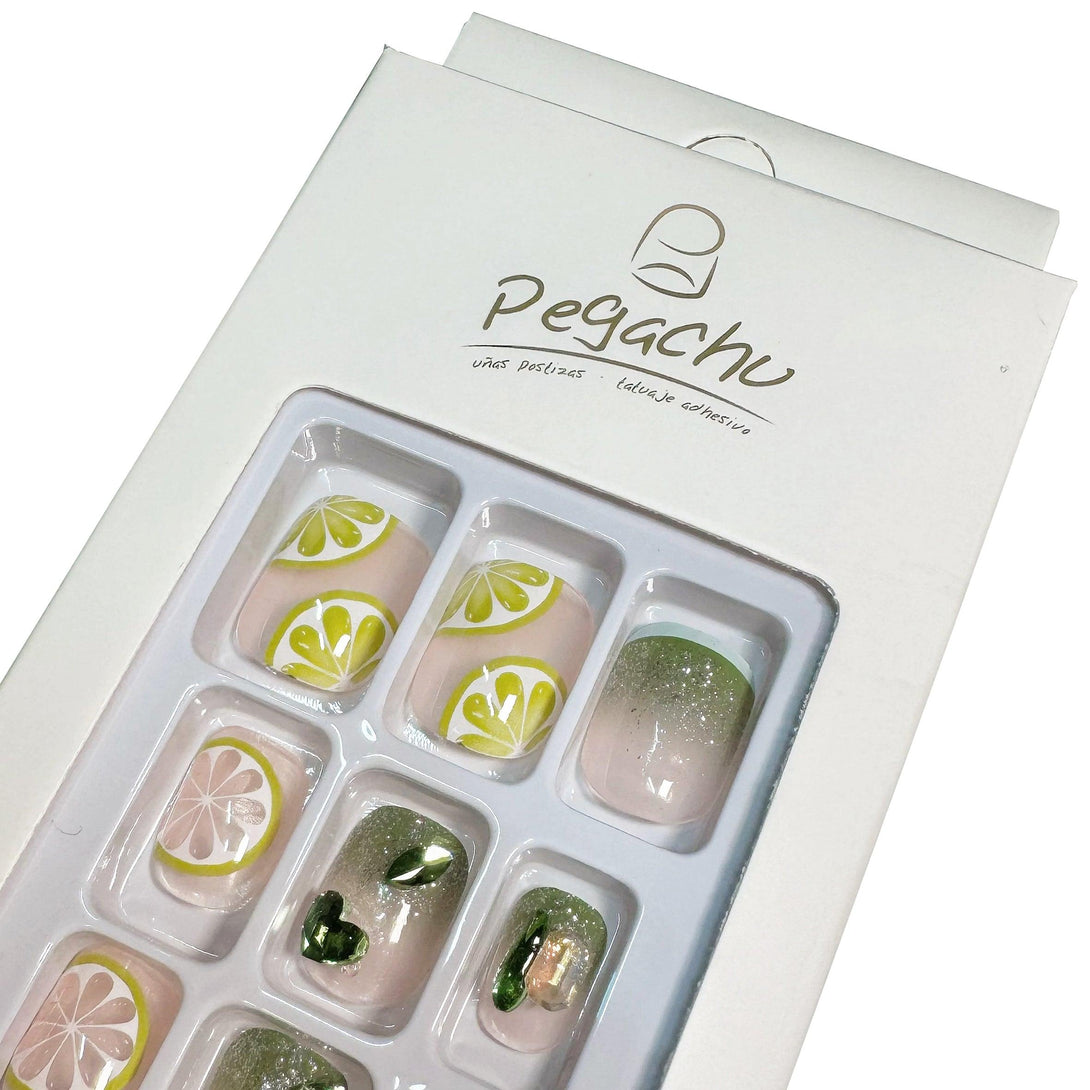 Pegachu uñas postizas 2024 verano modernas colores  cuadradas transparentes amarillas verdes con lima, diamante