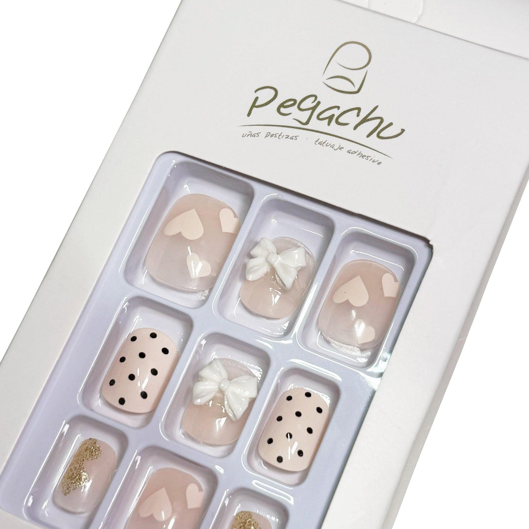 Pegachu uñas postizas 2024 verano modernas colores uñas postizas cuadradas rosas con lazos blancos, lunares negros