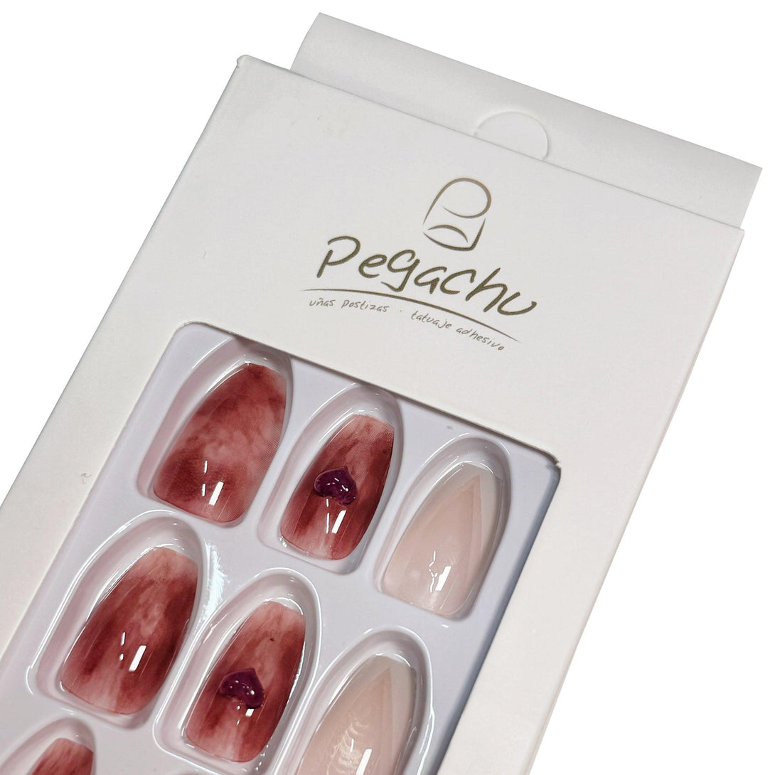 Pegachu uñas postizas 2024 verano modernas colores uñas postizas largas burdeas moradas con corazones, diamentes