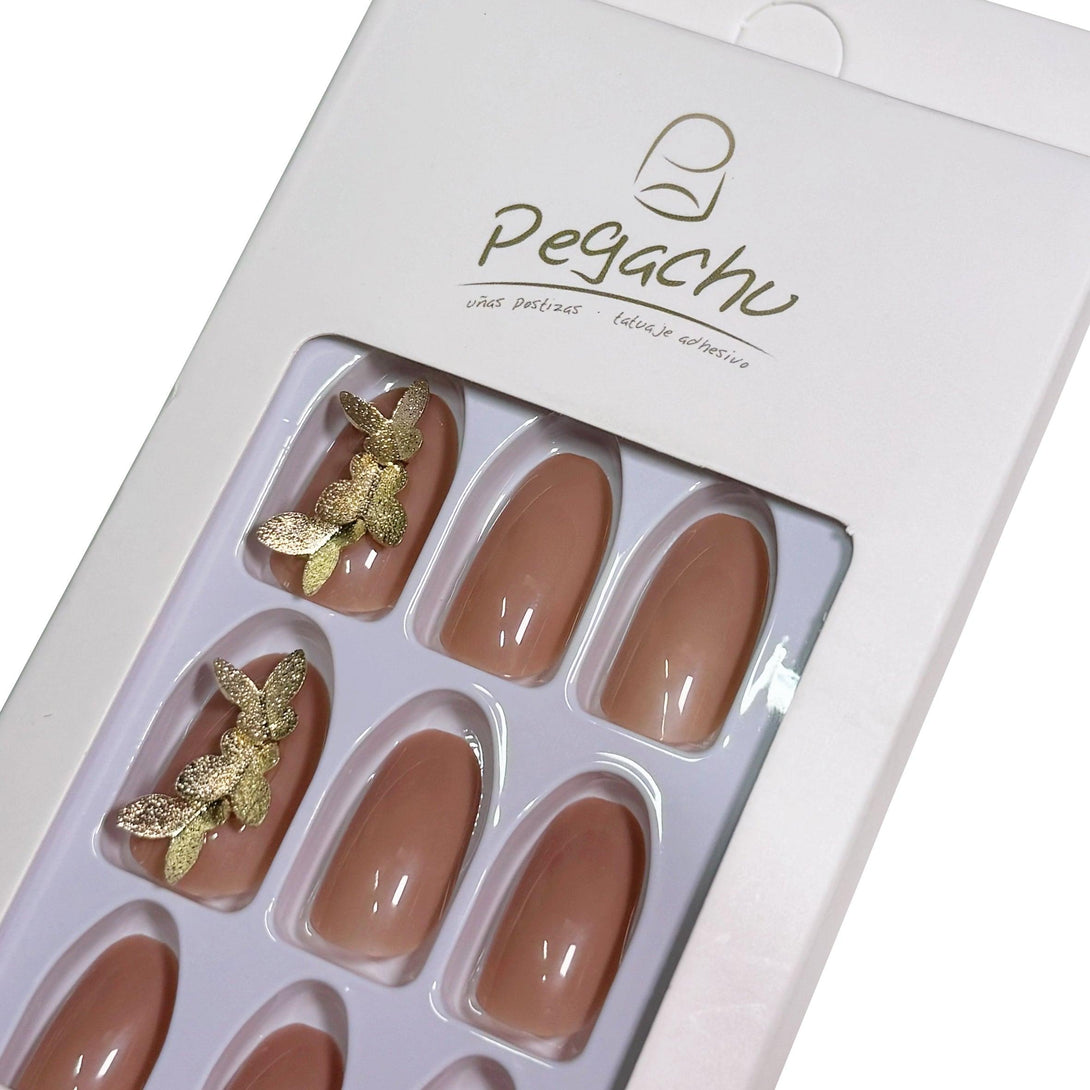 Pegachu uñas postizas 2024 verano modernas colores uñas postizas largas nudes rosas con mariposas dorados tridimensionales