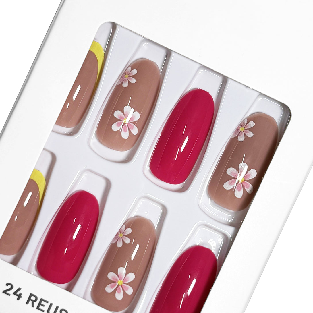 Pegachu uñas postizas 2024 verano modernas colores uñas postizas largas almendra rosas nudes amarillas con flores