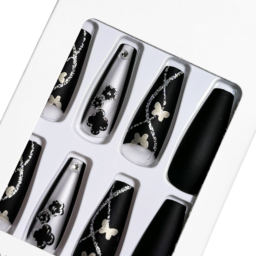 Pegachu uñas postizas 2024 verano modernas colores uñas postizas cuadradas super largas negras transparentes con flores, moaripozas